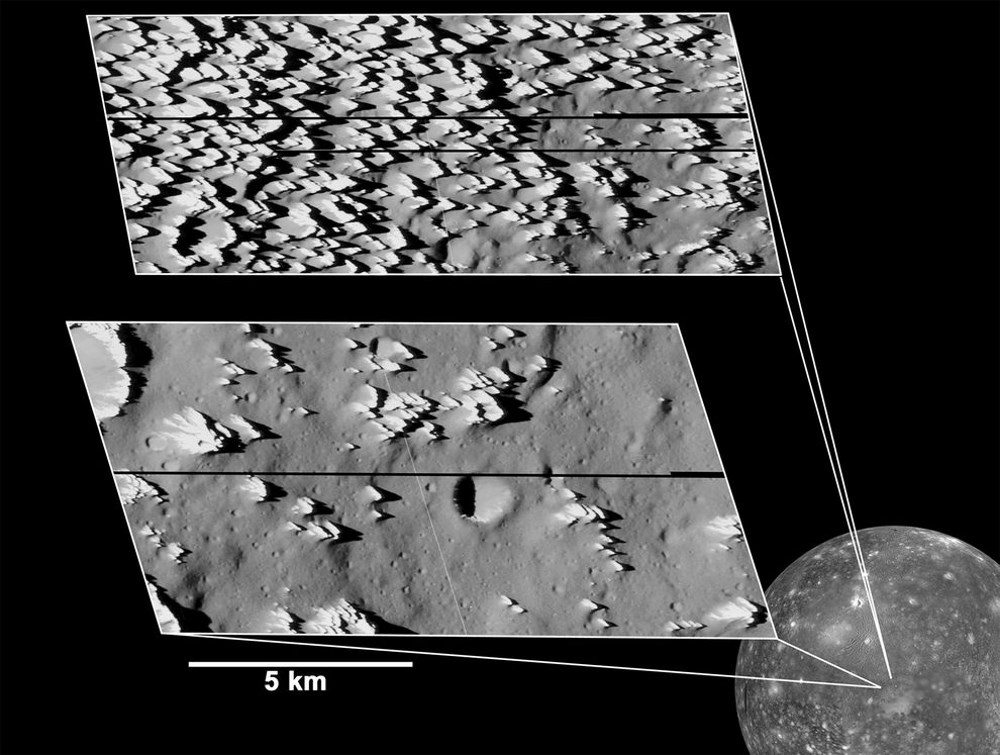 Những ngọn núi băng khổng lồ cao đến 100 mét nằm trên bề mặt của mặt trăng Callisto. Ảnh: NASA.