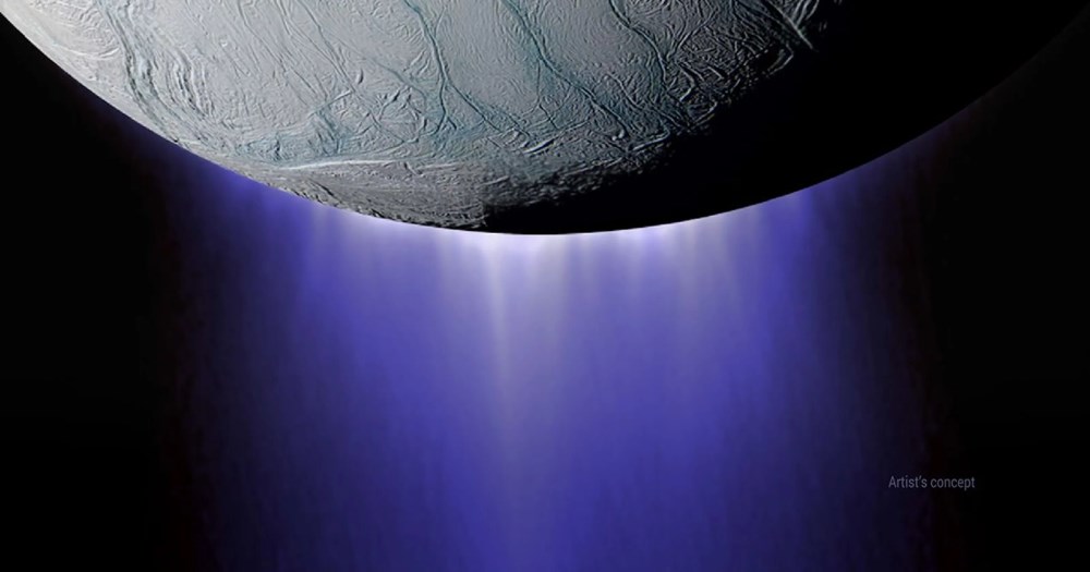 Đồ họa mô phỏng mạch nước phun ra từ bề mặt băng giá của Enceladus, ước tính mỗi cột nước như vậy cao khoảng 135 km và xuất hiện ở cực nam của vệ tinh này. Ảnh: NASA/JPL/Space Science Institute.