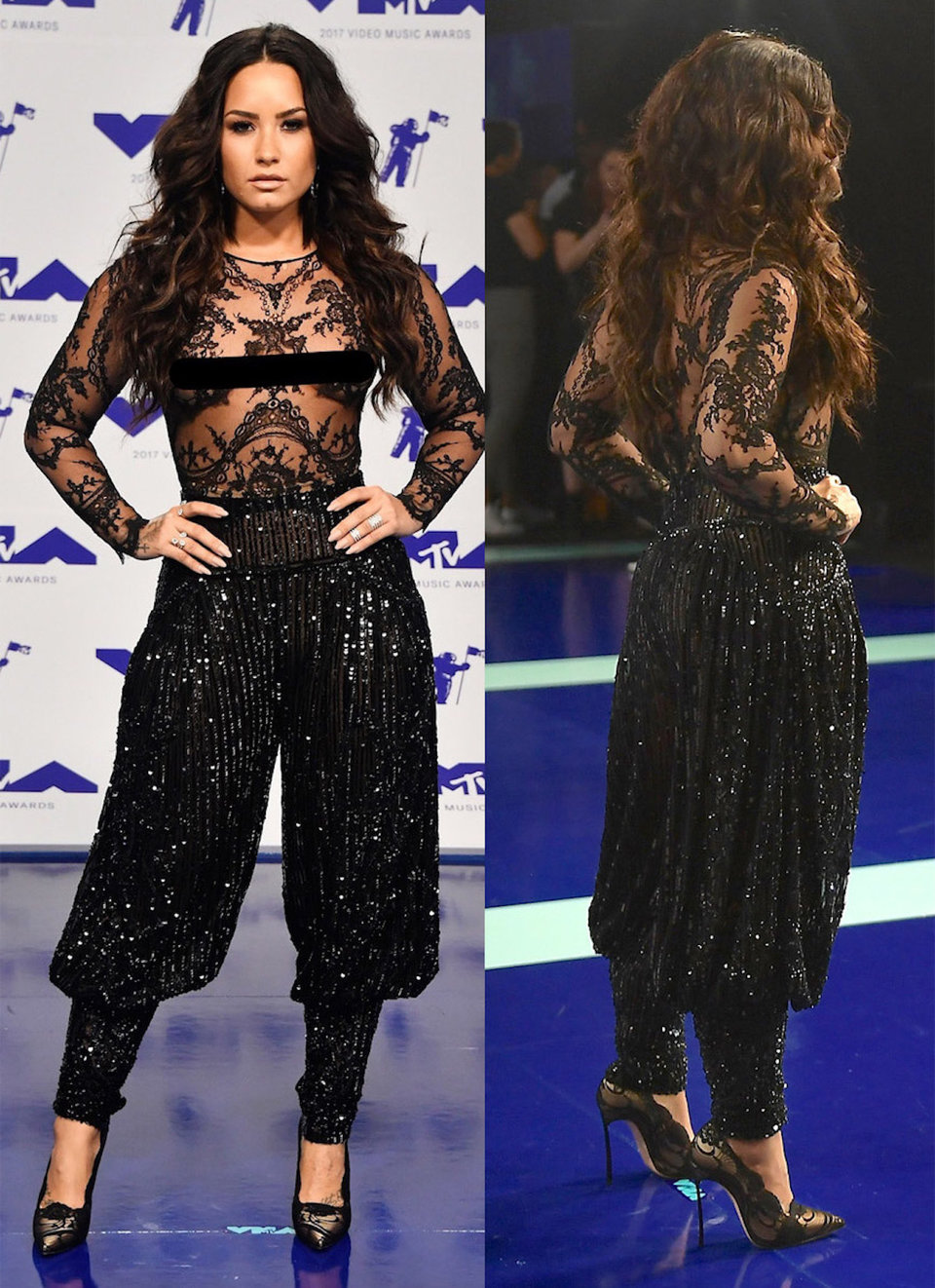 at the mtv video music awards in august 2017 demi lovato wore a completely sheer bodysuit tucked into harem style pants