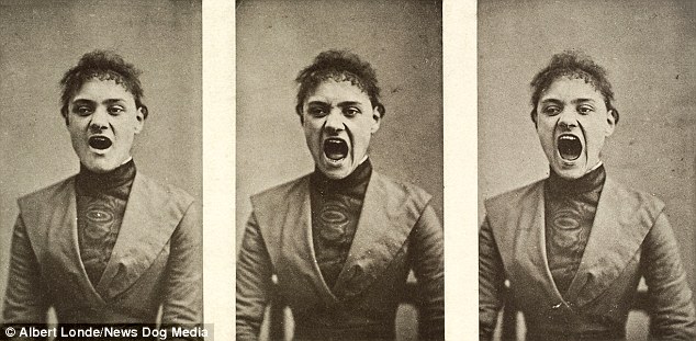 a series of three photos showing a hysterical yawning woman at the salpetriere hospital