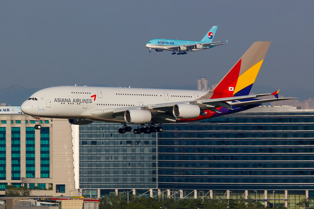 asiana airlines and korean air airbus a380s on finals at seoul incheon