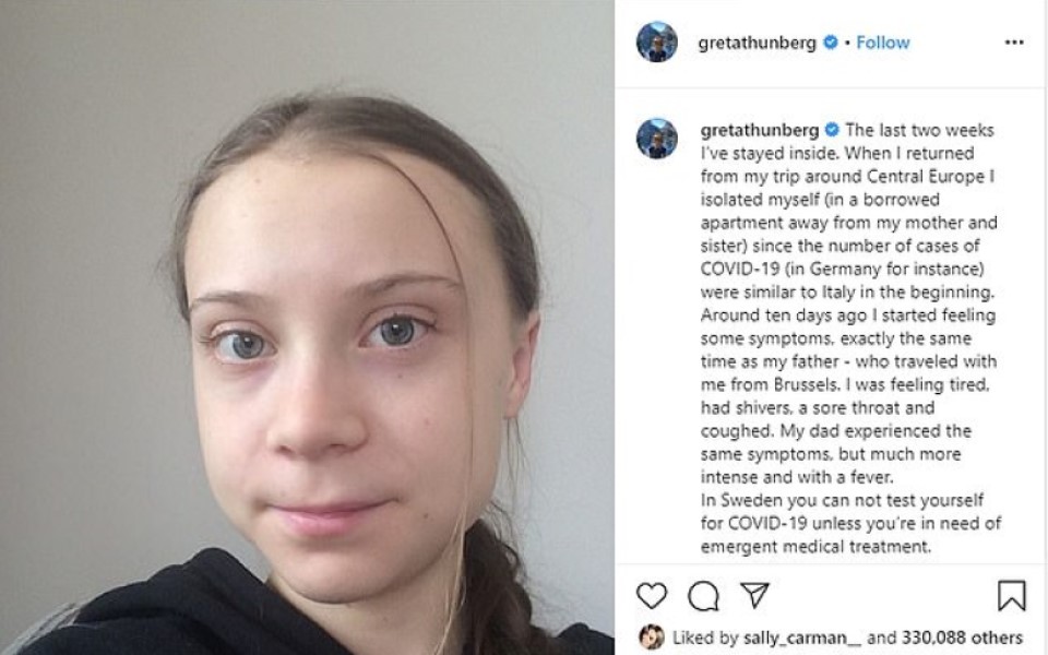 Greta Thunberg có triệu chứng nhiễm Covid-19, đang tự cách ly tại nhà cùng cha
