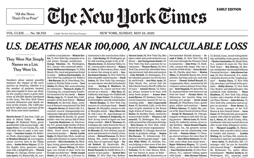 'Mất mát không thể đo đếm': Thời báo New York bao trùm trang nhất với tên 1.000 người chết vì Covid-19