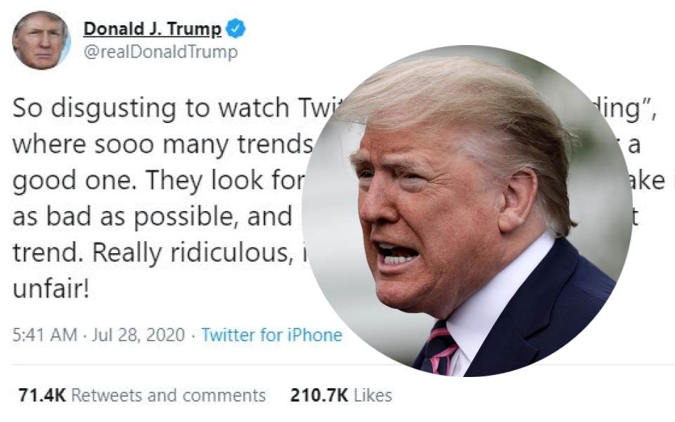 Ông Trump đăng tweet tố Twitter thao túng trending, bôi nhọ tổng thống