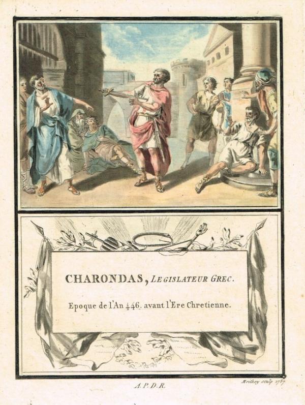 illustration of the death of charondas from 1787