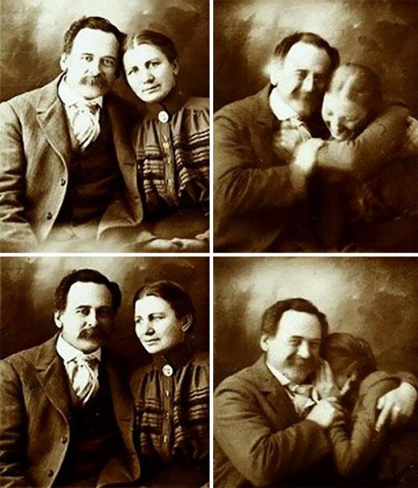 a victorian couple trying not to laugh while getting their portraits done 1890s