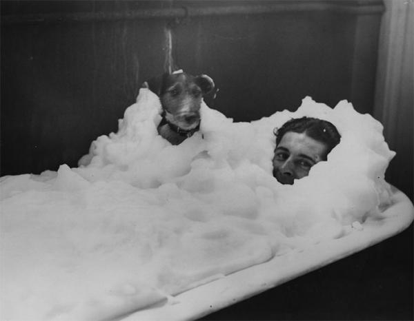 wally kilminster enjoys a foam bath with his dog in the dressing rooms at wembley stadium 1934