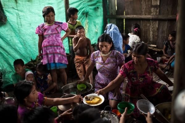 Những người phụ nữ lớn tuổi đang chuẩn bị thức ăn cho cả làng. Mặc dù phần lớn dân làng đã bỏ đi lánh nạn nhưng những năm gần đây rất nhiều người Emberá Katío trở lại làng.