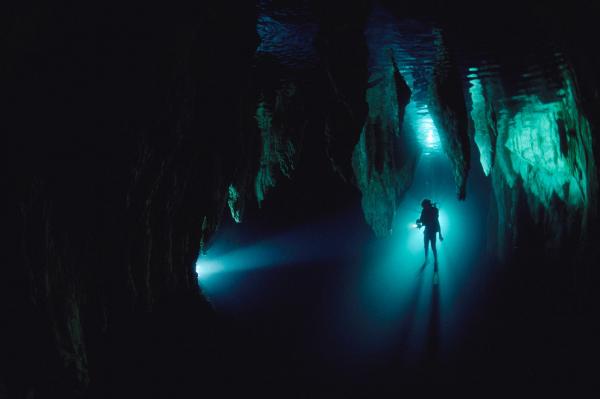 Một người thợ lặn đang lặn sâu vào Hang Chandelier ở Palau, Micronesia. Lặn hang động dưới biển là một công việc rất nguy hiểm, nhưng nó cho phép các nhà thám hiểm và thợ lặn được tiếp cận đến các môi trường độc đáo, các hiện vật lịch sử và bằng chứng khảo cổ khó tìm thấy. Ảnh: David Doubilet/National Geographic.