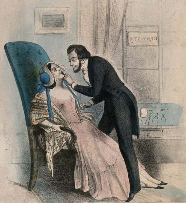 a dentist looking at a tooth of a very attractive female patient 19th century