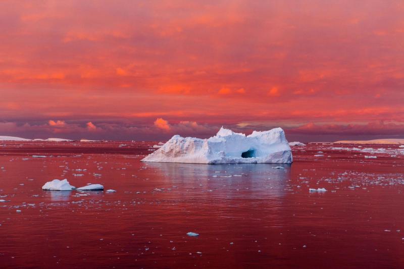 Hoàng hôn nhuộm đỏ cả bầu trời lẫn mặt biển ở Kênh Lemaire, ngoài khơi bờ biển phía tây của Bán đảo Nam Cực. Những tảng băng đang trôi lững lờ mang màu trắng đối lập hẳn với màu của không gian xung quanh, chúng vừa được tách ra từ lục địa băng vĩnh cửu do nhiệt độ biển và không khí tăng cao lên. Ảnh: Camille Seaman.
